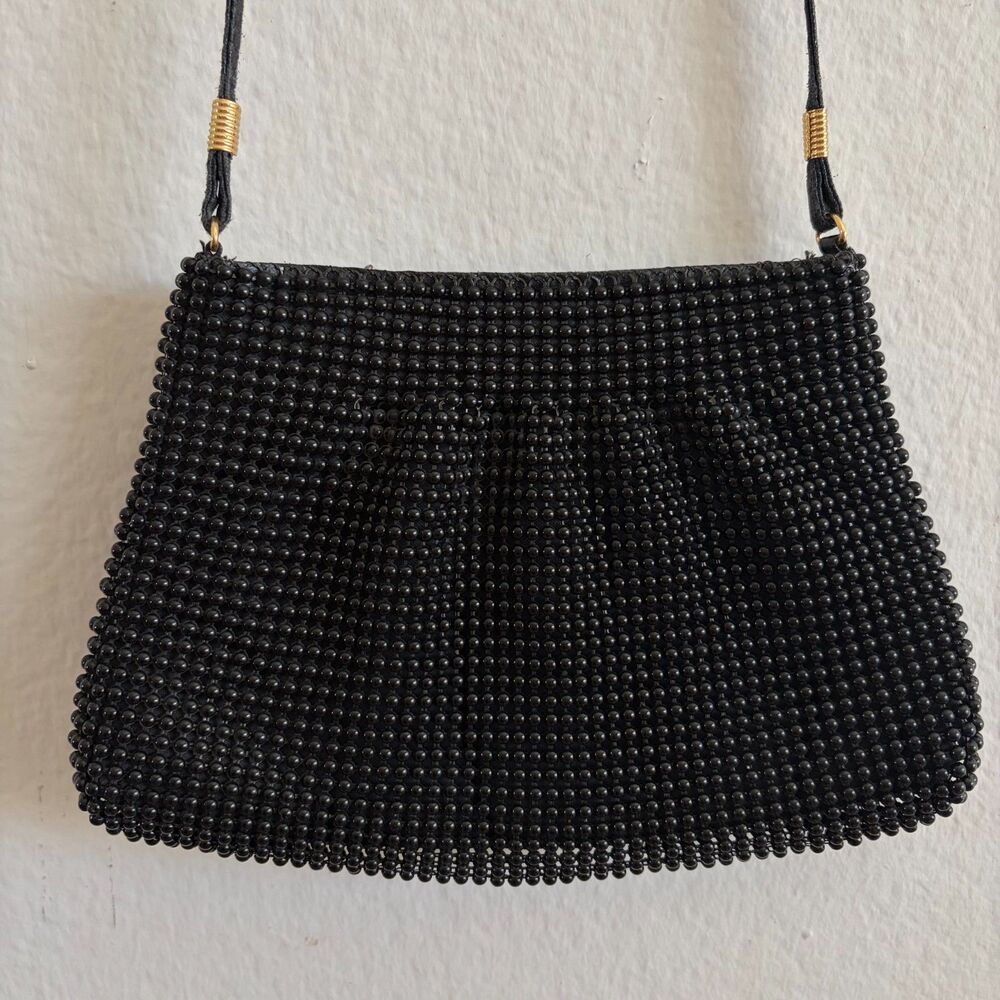 AMERICAN VINTAGE Y2K Black Beaded Mesh Small Purse Crossbody Handbag Glam Retro